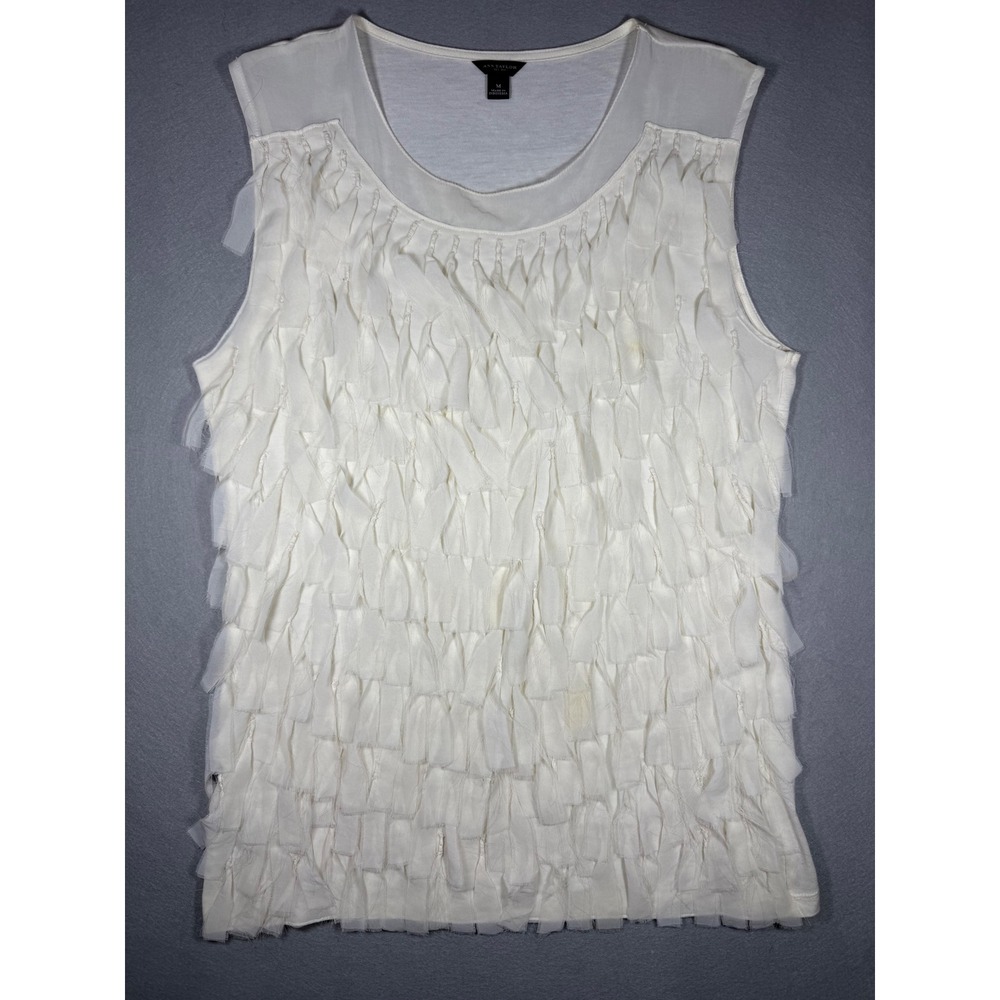 Chic Ann Taylor Boho Cream Fringe Top Indie Cottagecore Sheer Shag Texture M